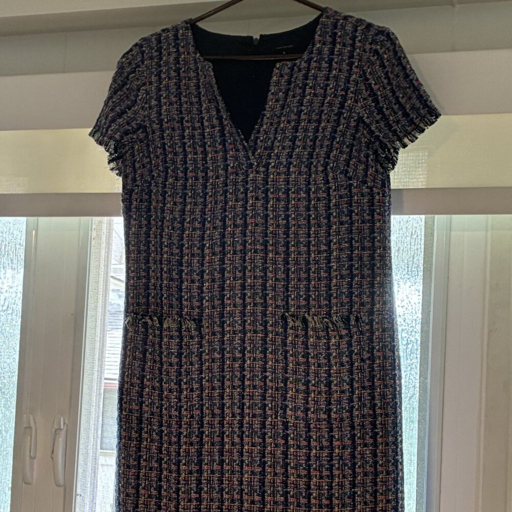 Ann Taylor tweed navy blue multi short sleeve dress with deep V neck - size 4